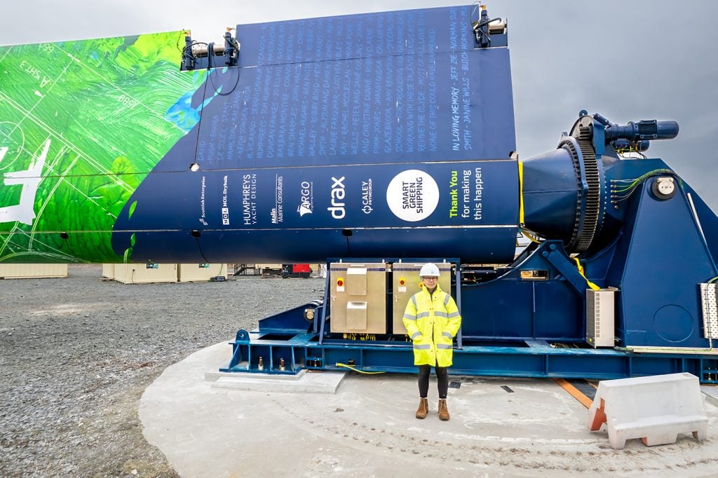 Smart Green Shipping CEO Diane Gilpin stood in from fo the FastRig wingsail before testing commences